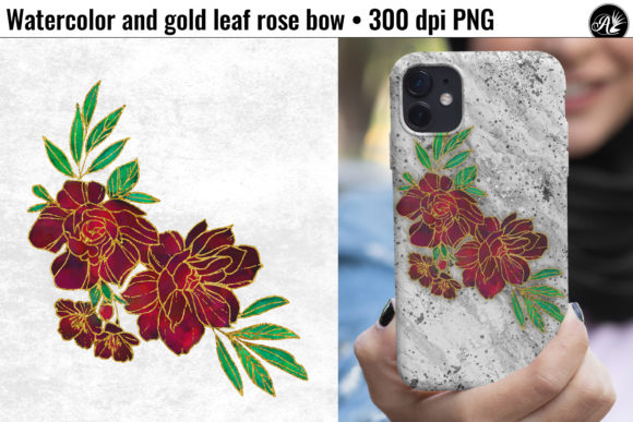 Download Watercolor and Gold Leaf Rose Bow - Rose Collection